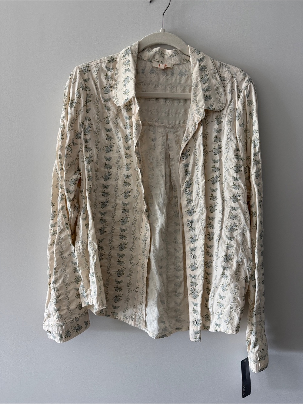Peach Floral Button-Up Top — Cream with Light Blue & Sage Print